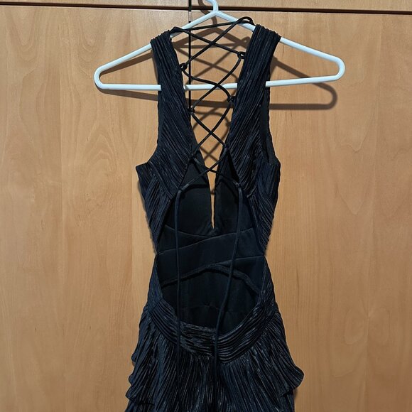 Lulus Black Satin Pleated Tiered Lace-Up Maxi Dress XS - Picture 7 of 10